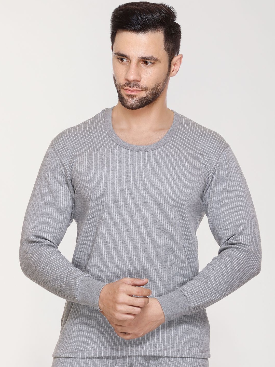 

ARRAY Men Round Neck Long Sleeves Thermal Top, Grey melange