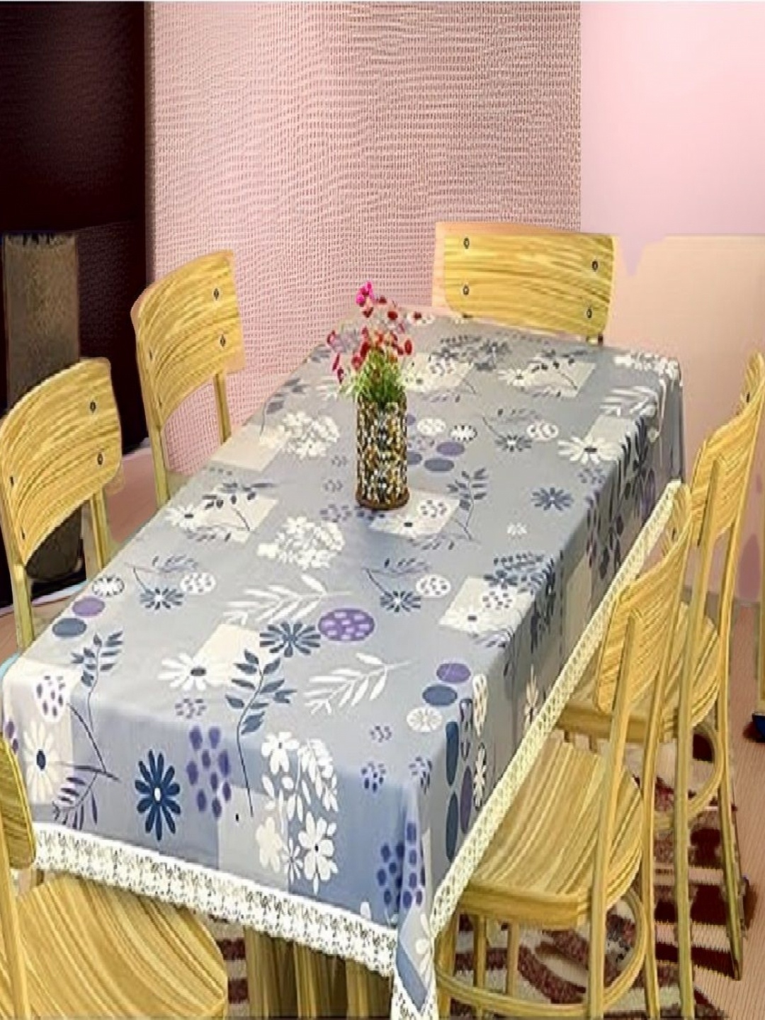 

REVEXO Grey and White Floral Printed 4-Seater Table Cover