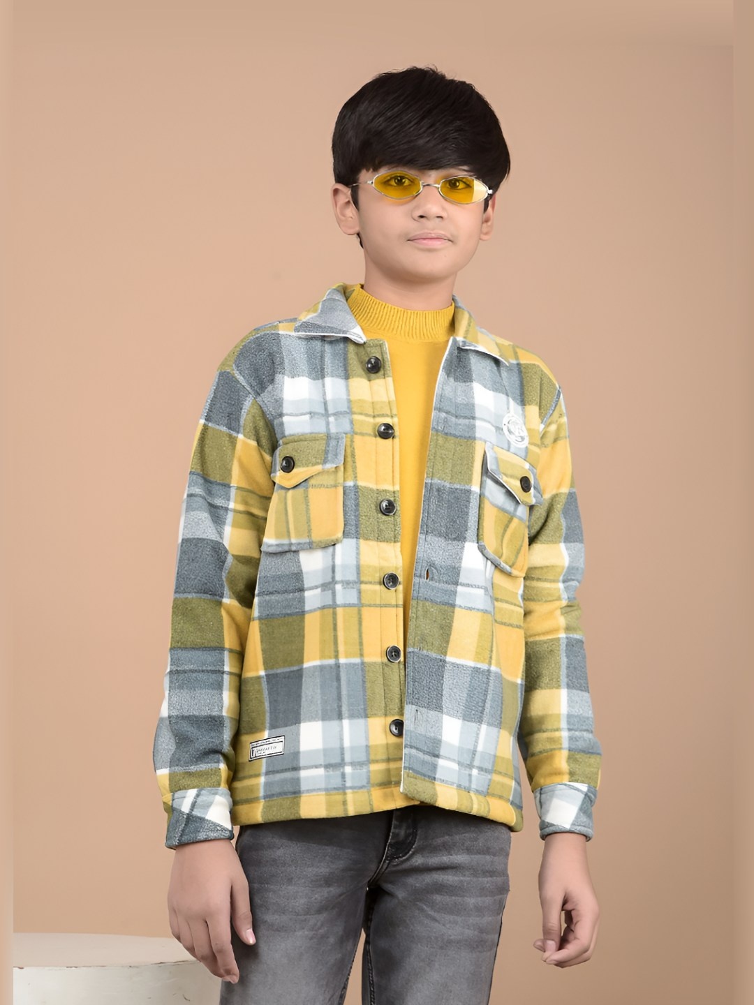 

Crimsoune Club Boy Checked Spread Collar Regular Fit Shacket, Mustard