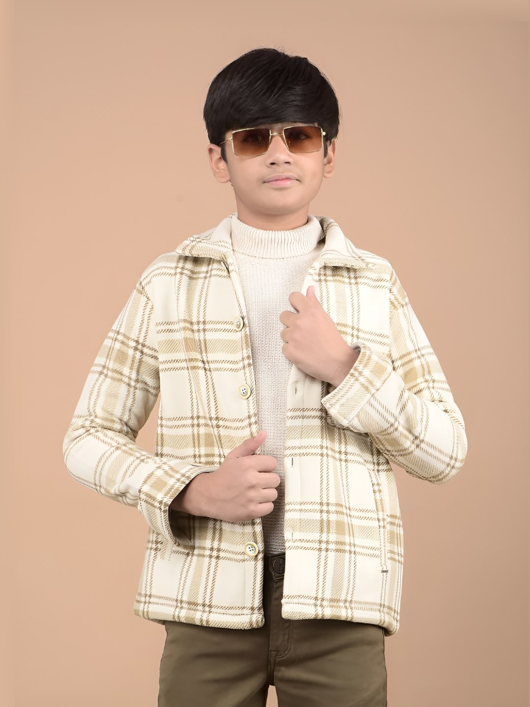 

Crimsoune Club Boy Checked Spread Collar Regular Fit Shacket, Beige