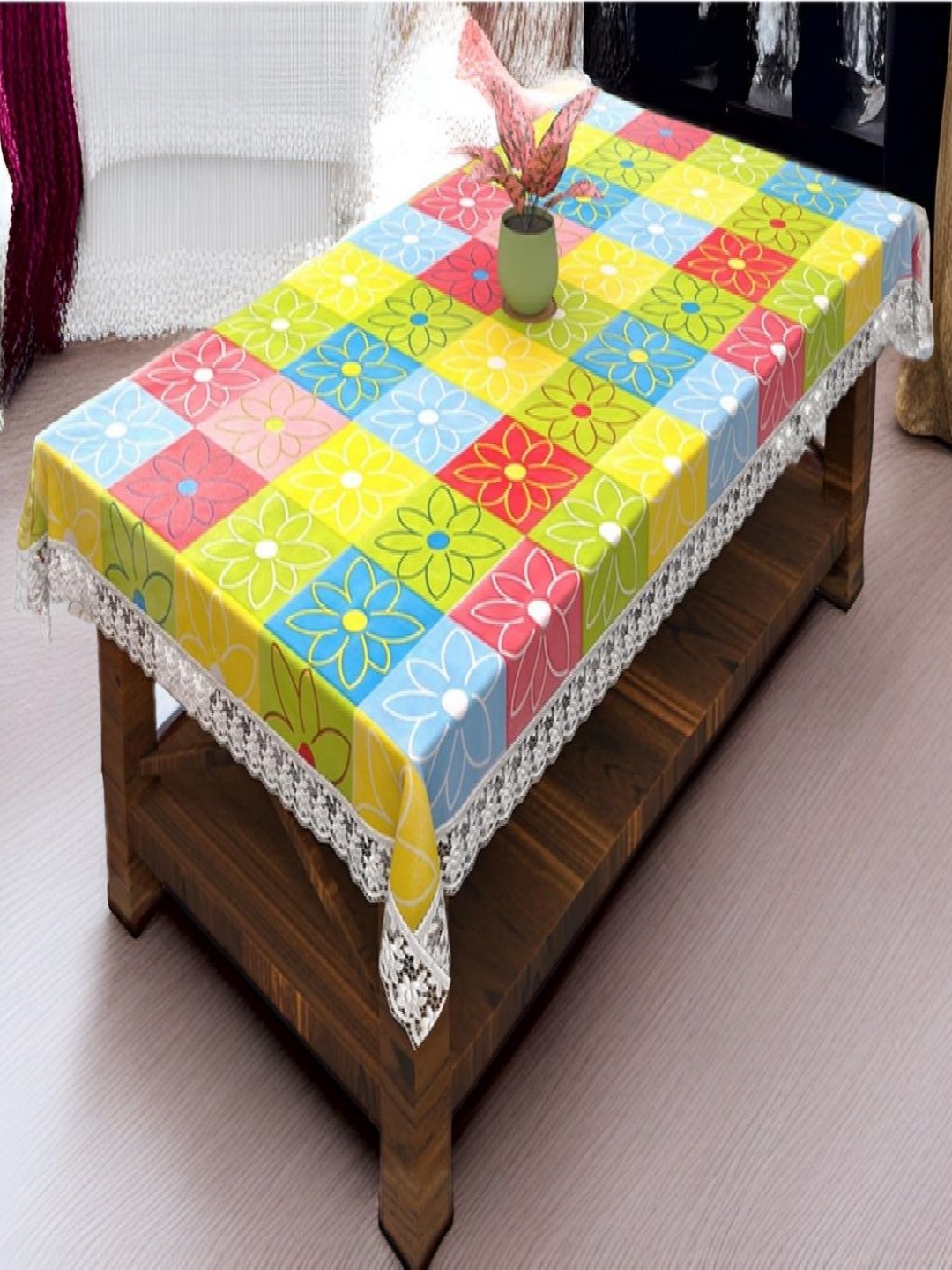 

REVEXO Yellow and Blue Floral Printed 4-Seater Table Cover