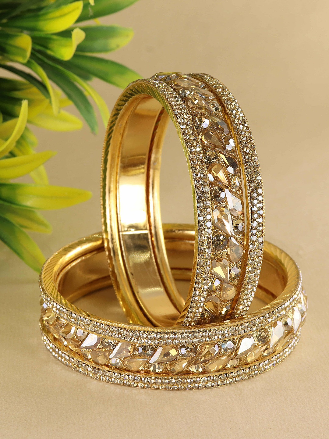 

ZULKA Pack of 6 Golden Zircon Diamond & Kundan Brass Metal Bangle Set, Gold