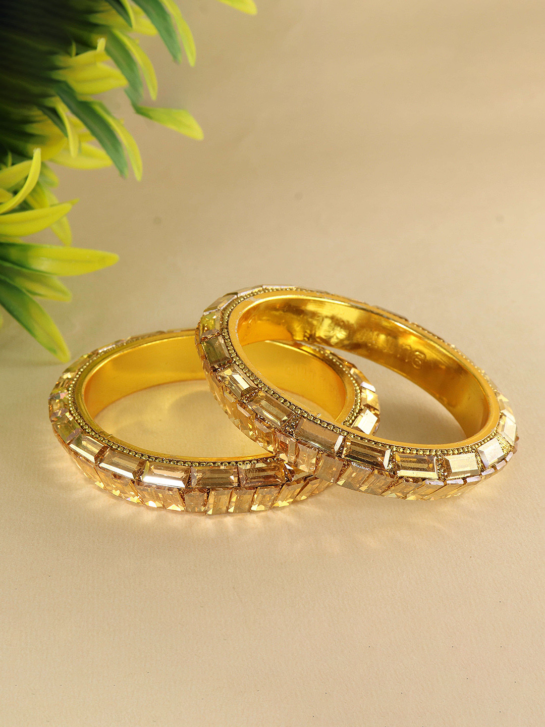 

ZULKA Pack of 2 Golden Brass Metal With Zircon Diamonds & White Moti Bangles Set, Gold