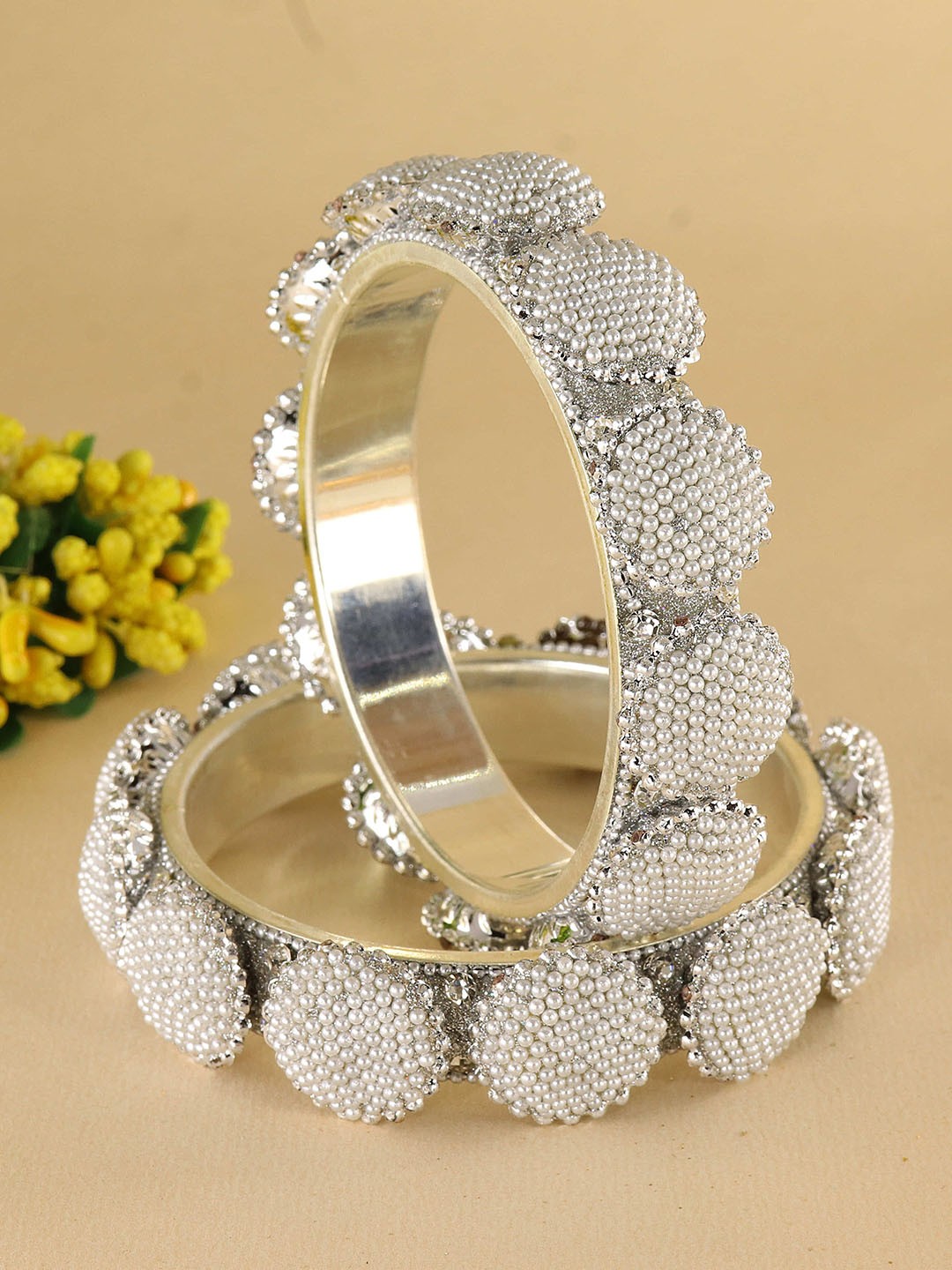 

ZULKA Pack of 2 Brass Metal With Zircon Diamonds & White Moti Work Bangles Set, Silver