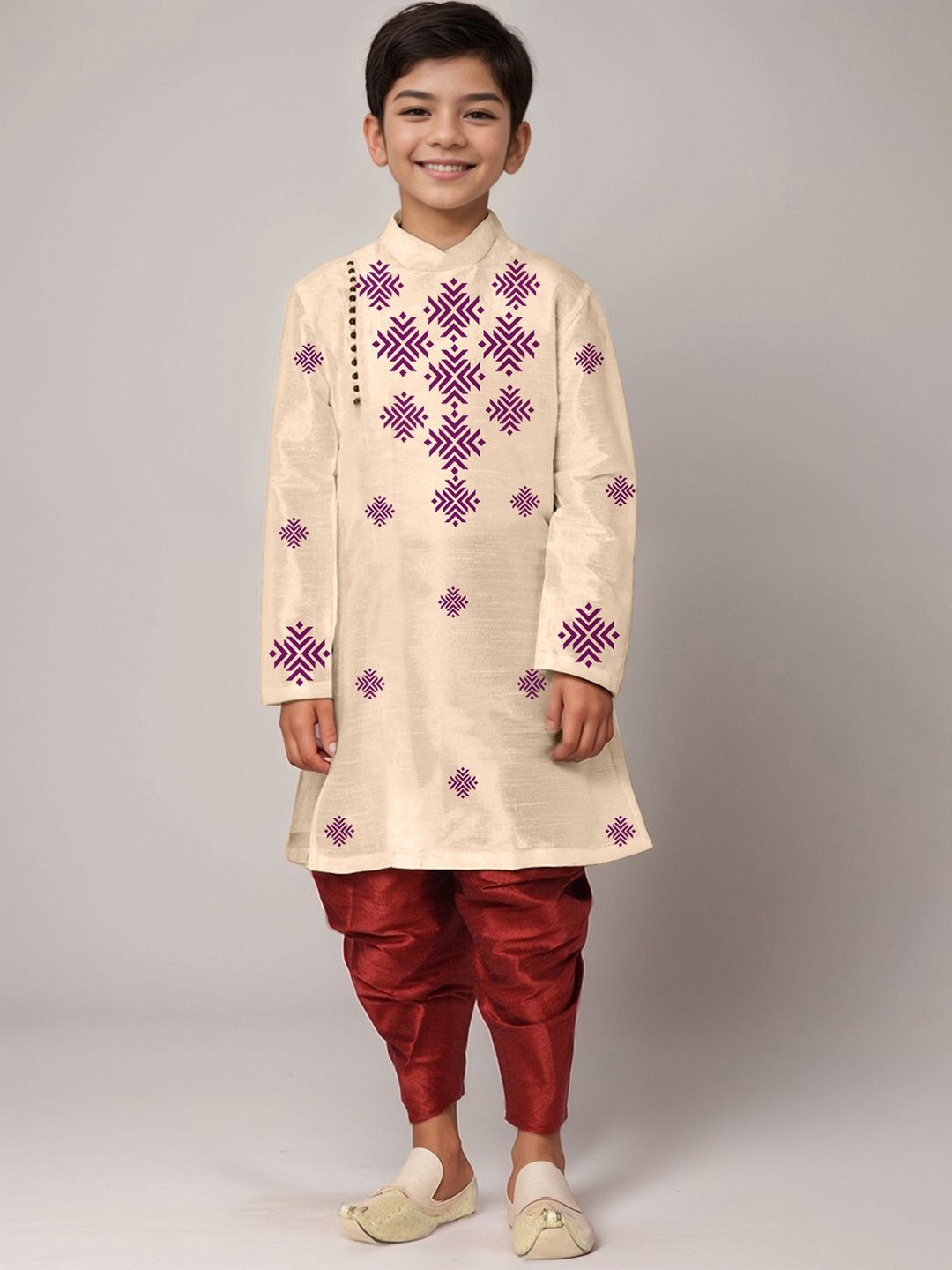 

DEVOILER Boys Geometric Printed Mandarin Collar Straight Kurta With Dhoti Pants, Beige