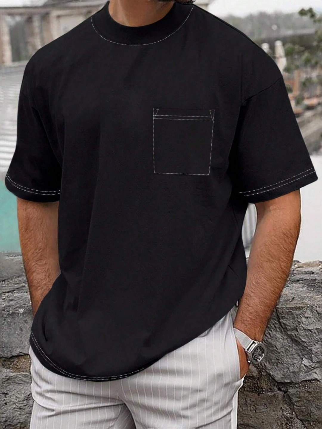 

URBAN INDY Men Solid Round Neck Cotton Relaxed Fit T-shirt, Black