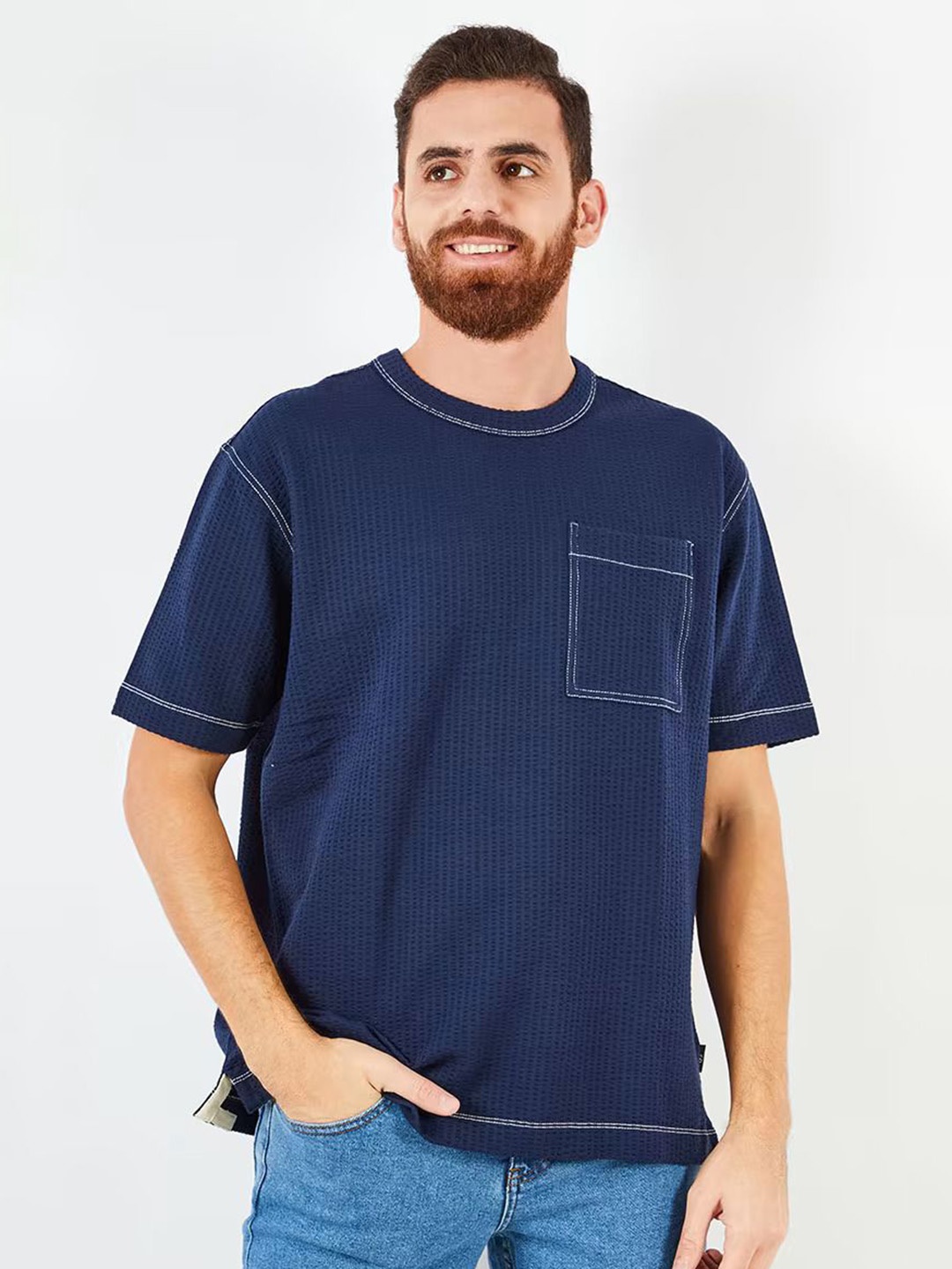 

URBAN INDY Men Self Design Round Neck Cotton Relaxed Fit T-shirt, Navy blue