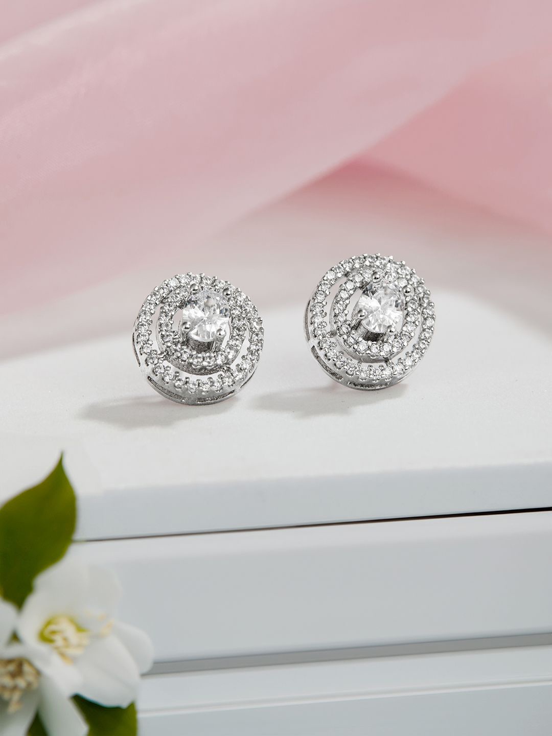 

SARAF SILVERETZ 925 Sterling Silver Rhodium-Plated CZ Studded Circular Shaped Studs