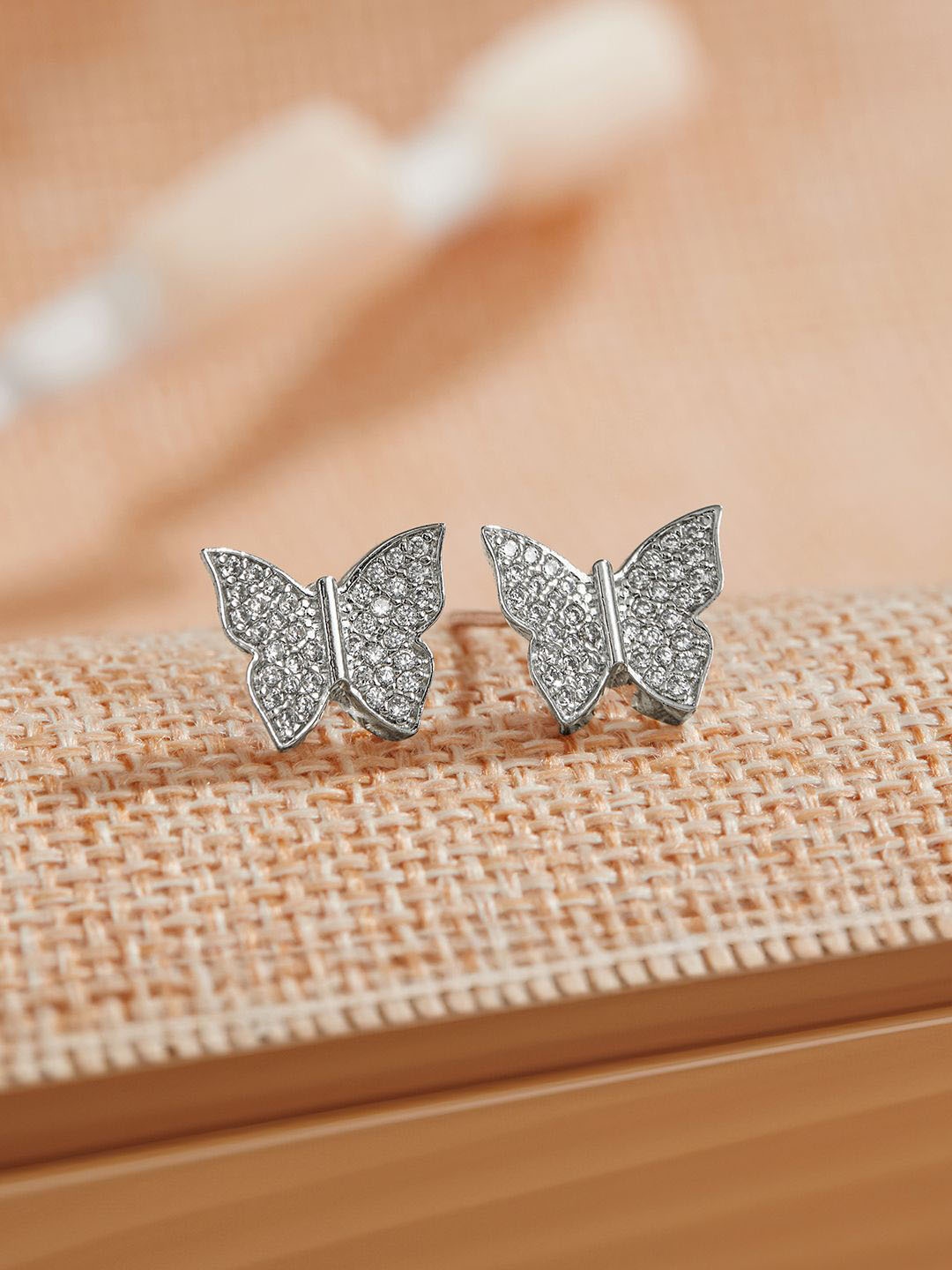 

SARAF SILVERETZ 925 Sterling Silver Rhodium-Plated CZ Studded Butterfly Shaped Studs