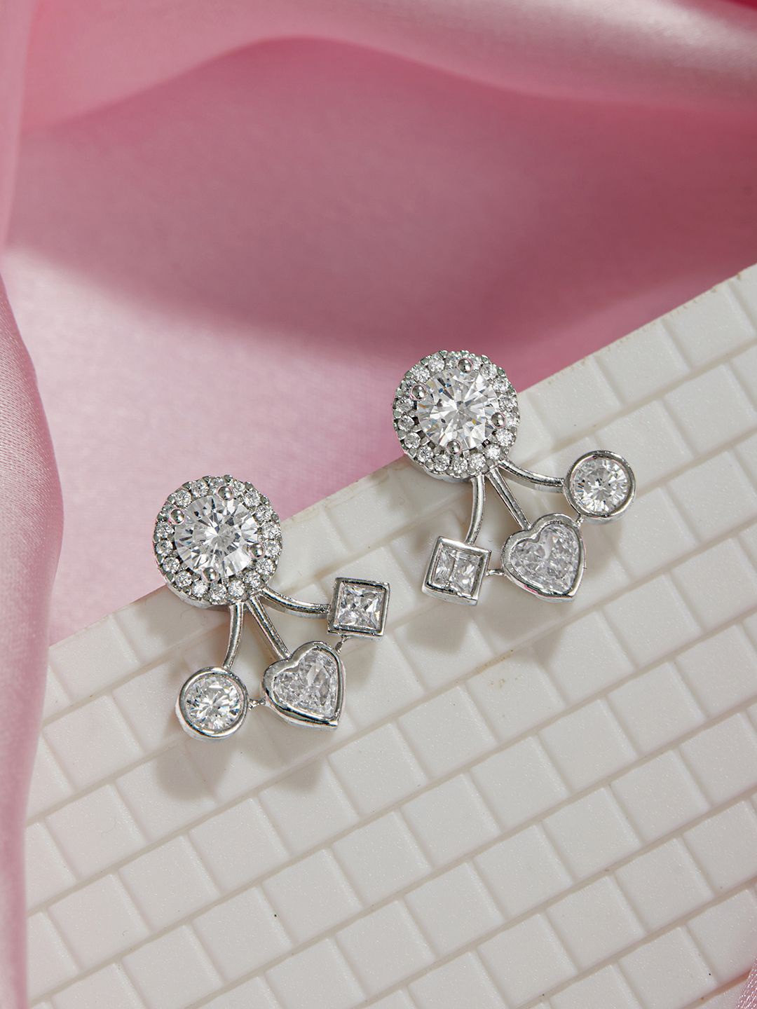 

SARAF SILVERETZ 925 Sterling Silver CZ & Solitaire Studded Contemporary Shaped Studs