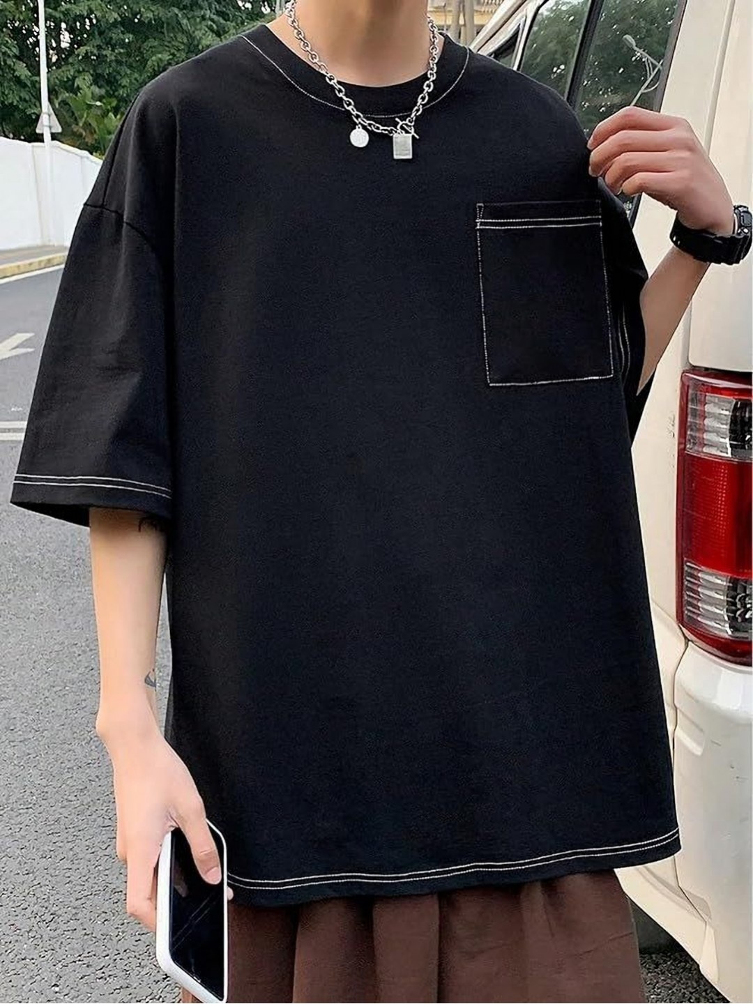 

URBAN INDY Men Solid Round Neck Cotton Oversized T-shirt, Black