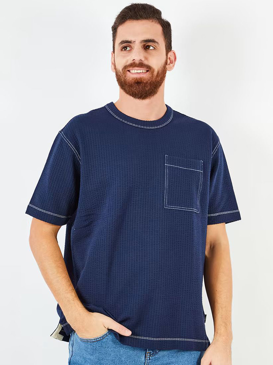 

URBAN INDY Men Self Design Round Neck Cotton Relaxed Fit T-shirt, Navy blue