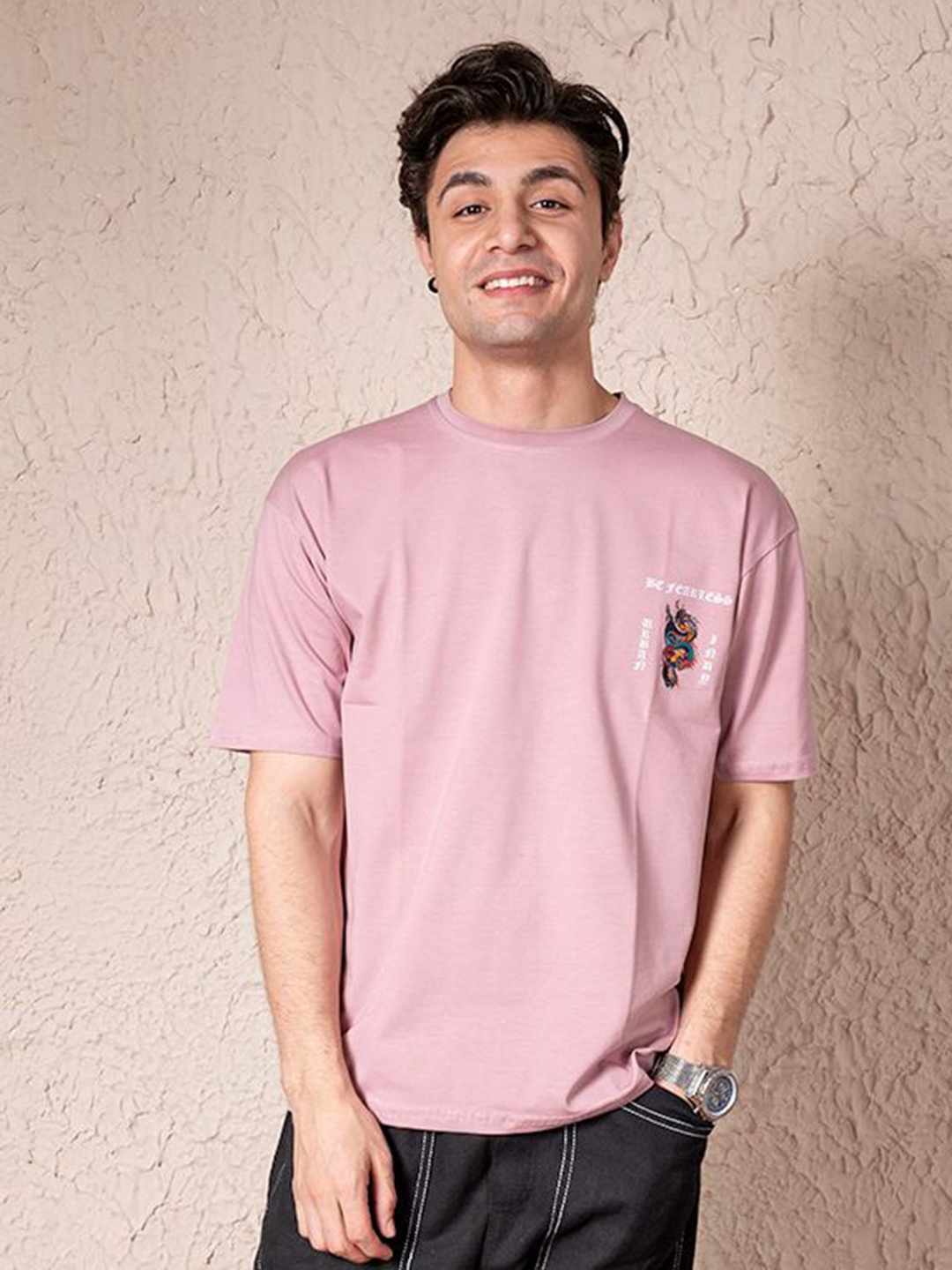 

URBAN INDY Men Solid Round Neck Cotton Relaxed Fit T-shirt, Pink