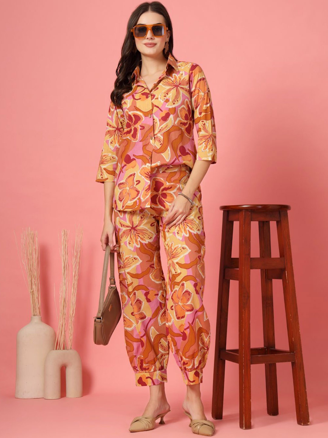 

SUBAGI FASHION Printed Pure Cotton Shirt With Trouser, Orange