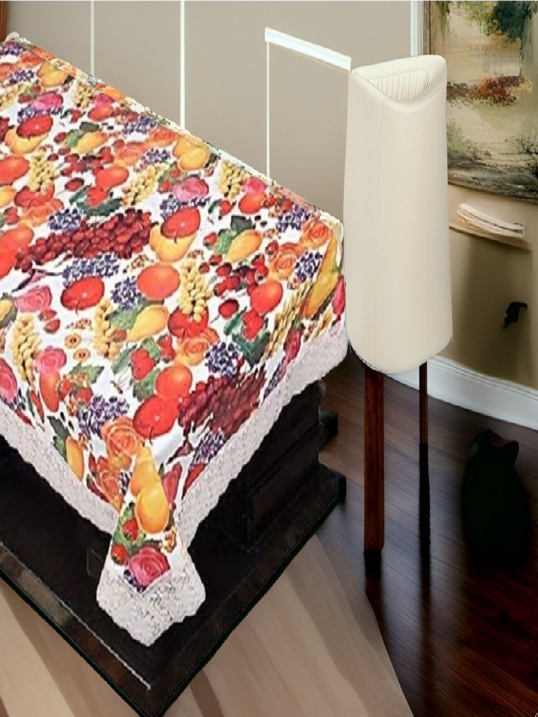 

REVEXO White and Orange Printed 4-Seater Table Cover