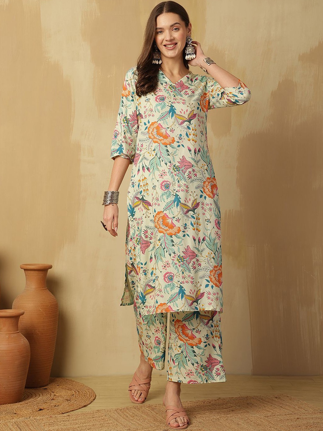 

Anouk Yellow Floral printed V-Neck Pure Cotton Kurta With Palazzos