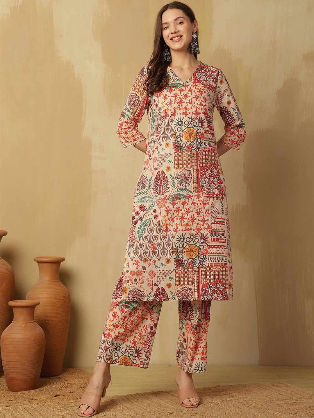 

Anouk Beige Floral printed V-Neck Pure Cotton Kurta With Palazzos