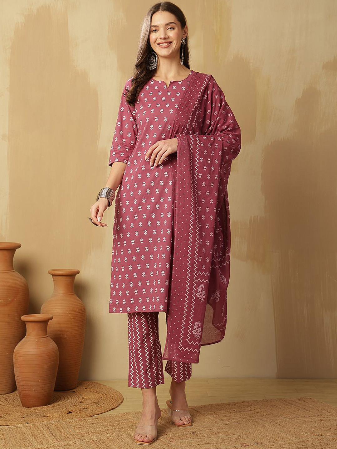 

Anouk Mauve Ethnic Motifs Printed Pure Cotton Notch-Neck Kurta With Trousers & Dupatta