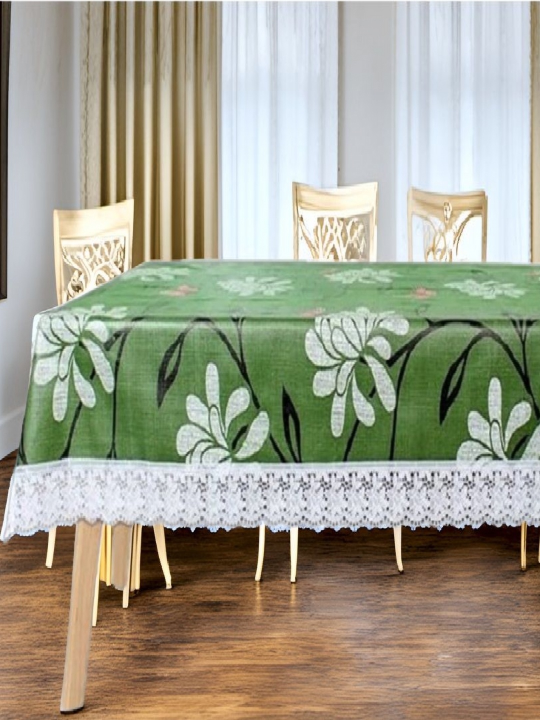 

REVEXO Green & White Floral Printed Rectangle 4-Seater Table Cover