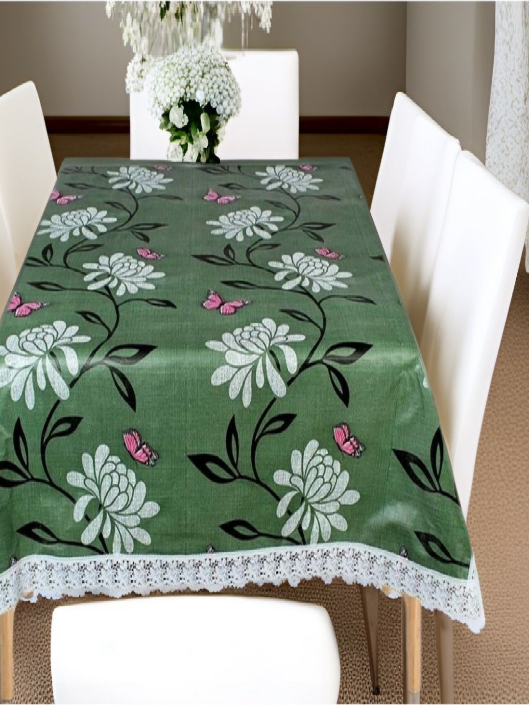 

REVEXO Green and White Floral Printed 4-Seater Table Cover