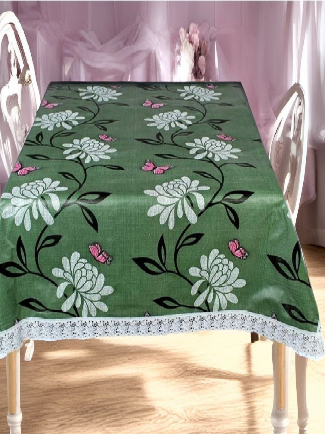 

REVEXO Green & White Floral Printed Waterproof Rectangle 4-Seater Table Cover
