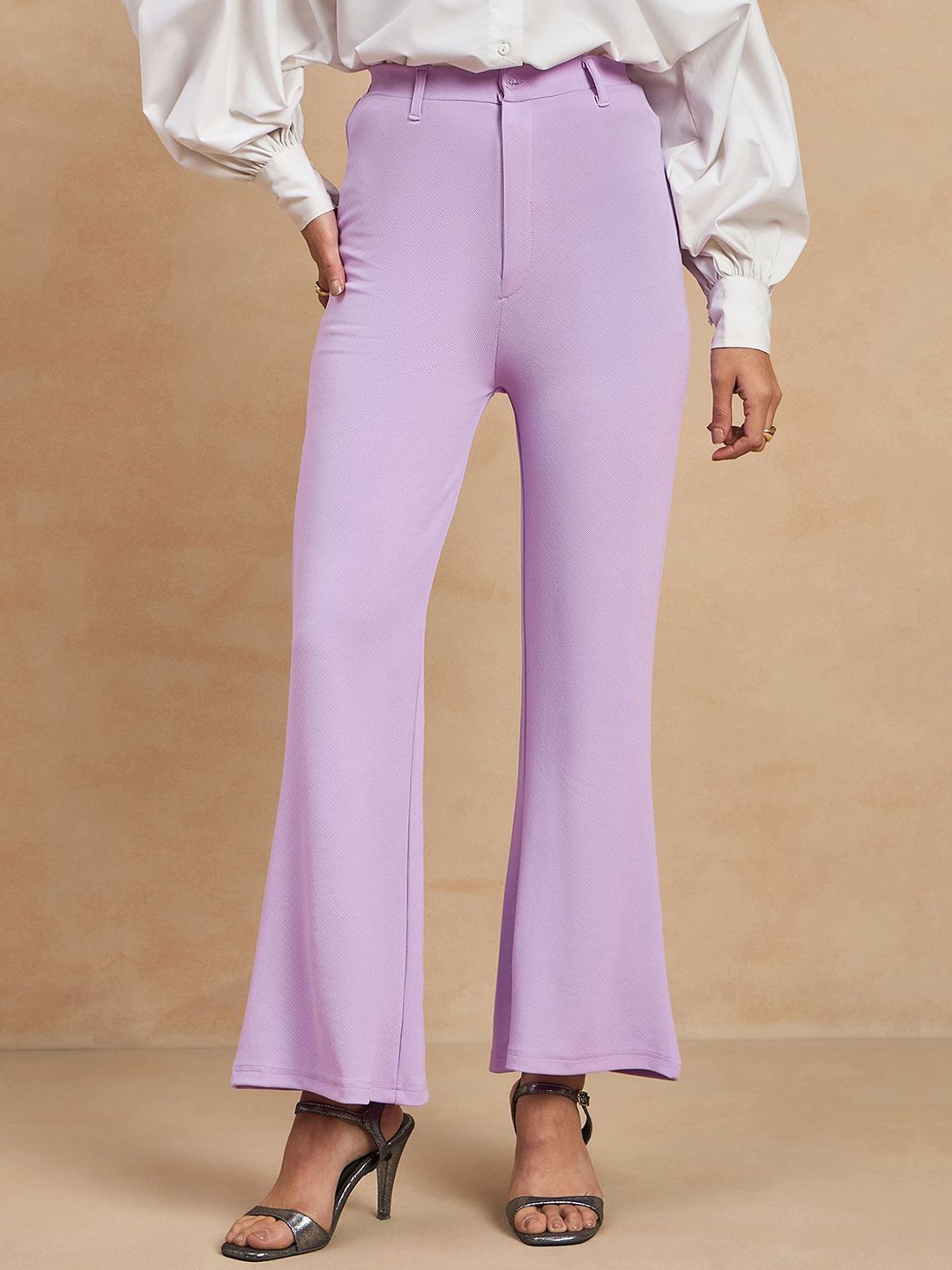 

COLOR CAPITAL Women Self Design Mid-Rise Bootcut Trousers, Lavender