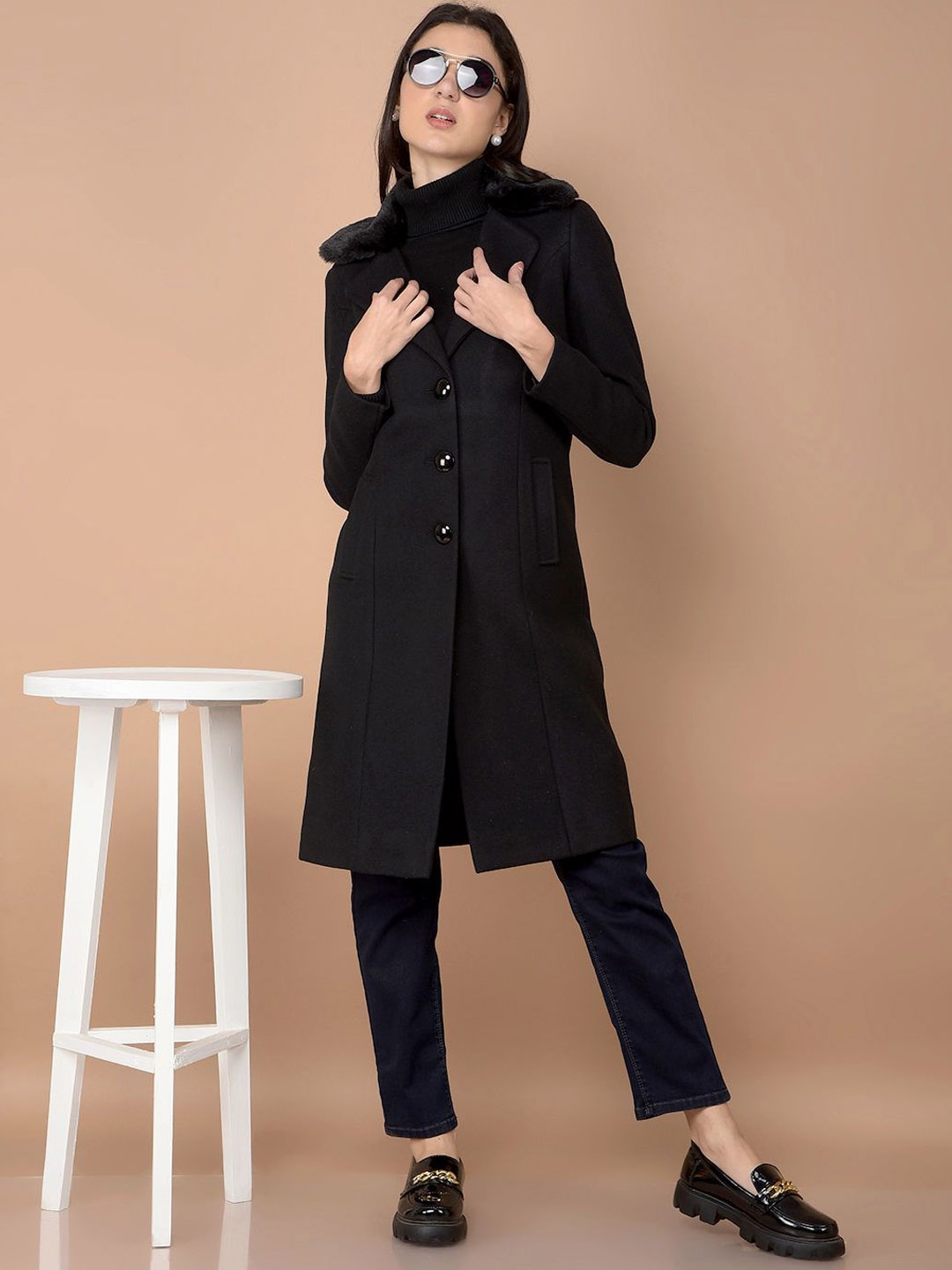 

Crimsoune Club Women Notched Lapel Knee-Length Overcoat, Black