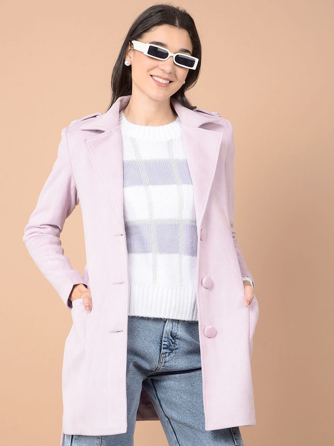 

Crimsoune Club Women Notched Lapel Collar Longline Overcoat, Lavender