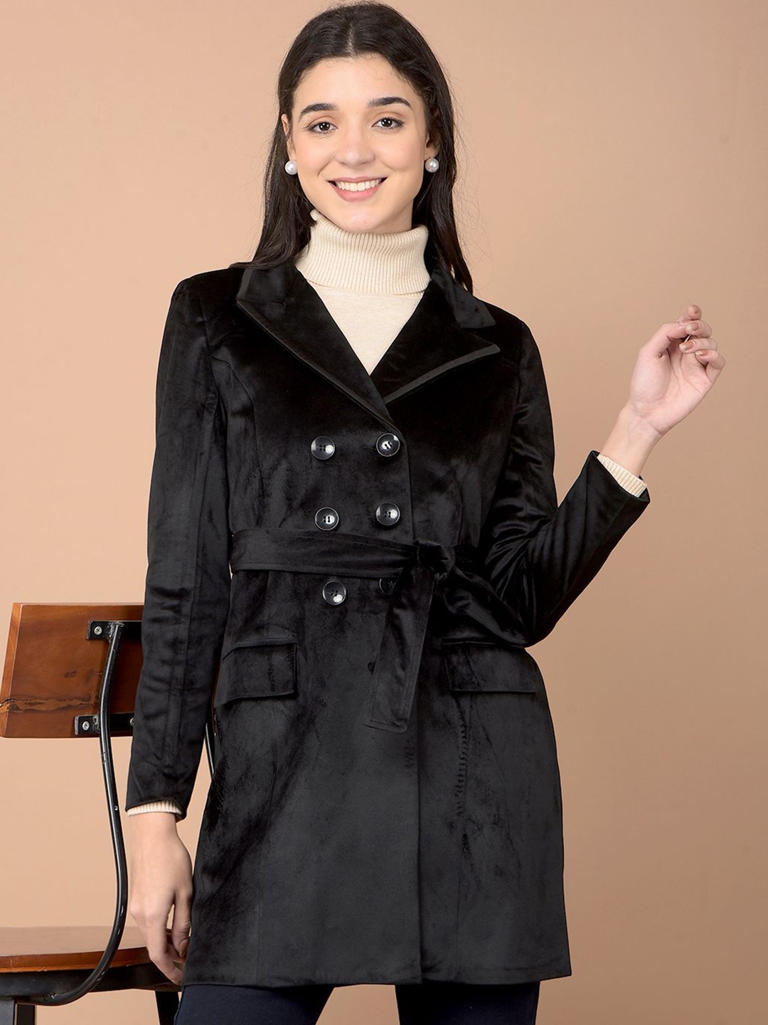

Crimsoune Club Women Double-Breasted Overcoat With Belt, Black