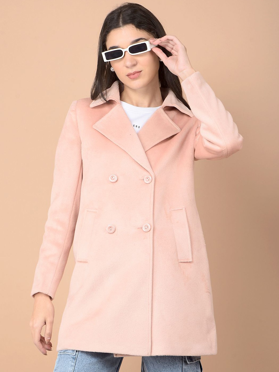 

Crimsoune Club Women Notched Lapel Double-Breasted Longline Overcoat, Peach