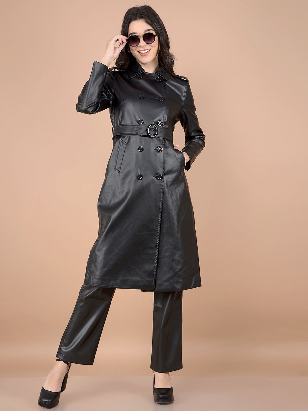 

Crimsoune Club Women Double-Breasted Longline Leather Overcoat with Belt, Black