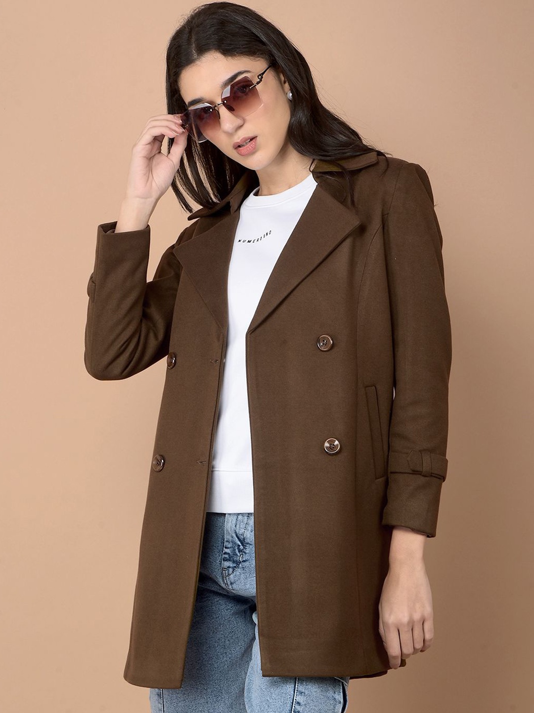 

Crimsoune Club Women Notched Lapel Double-Breasted Longline Overcoat, Brown