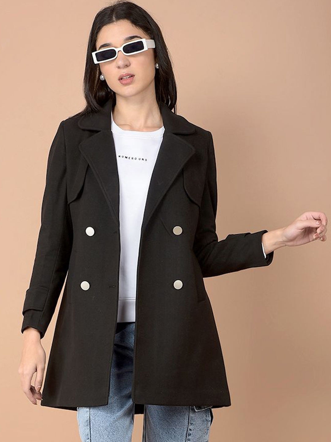 

Crimsoune Club Women Notched Lapel Double-Breasted Longline Overcoat, Black