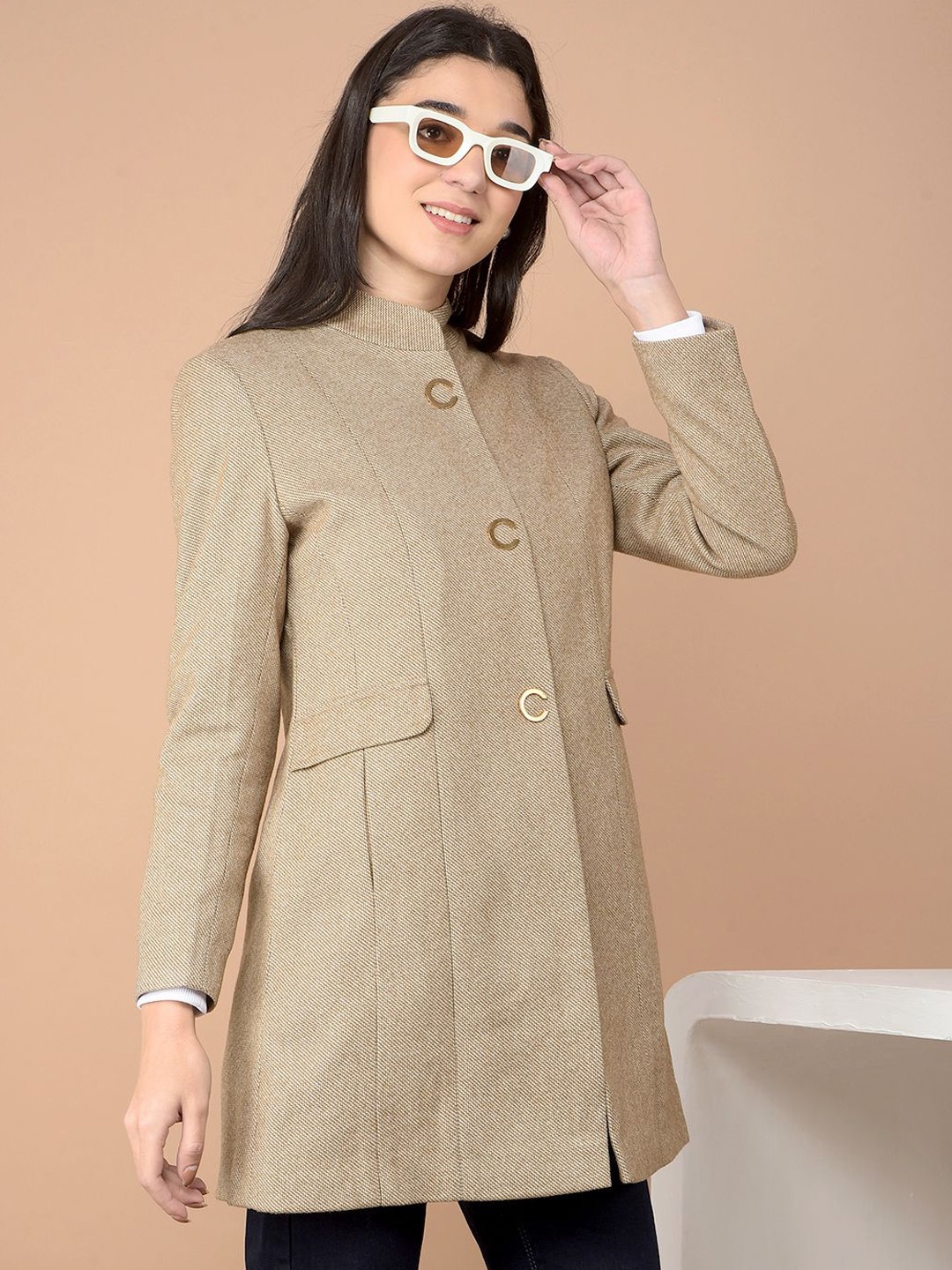 

Crimsoune Club Women Mandarin Collar Longline Overcoat, Brown