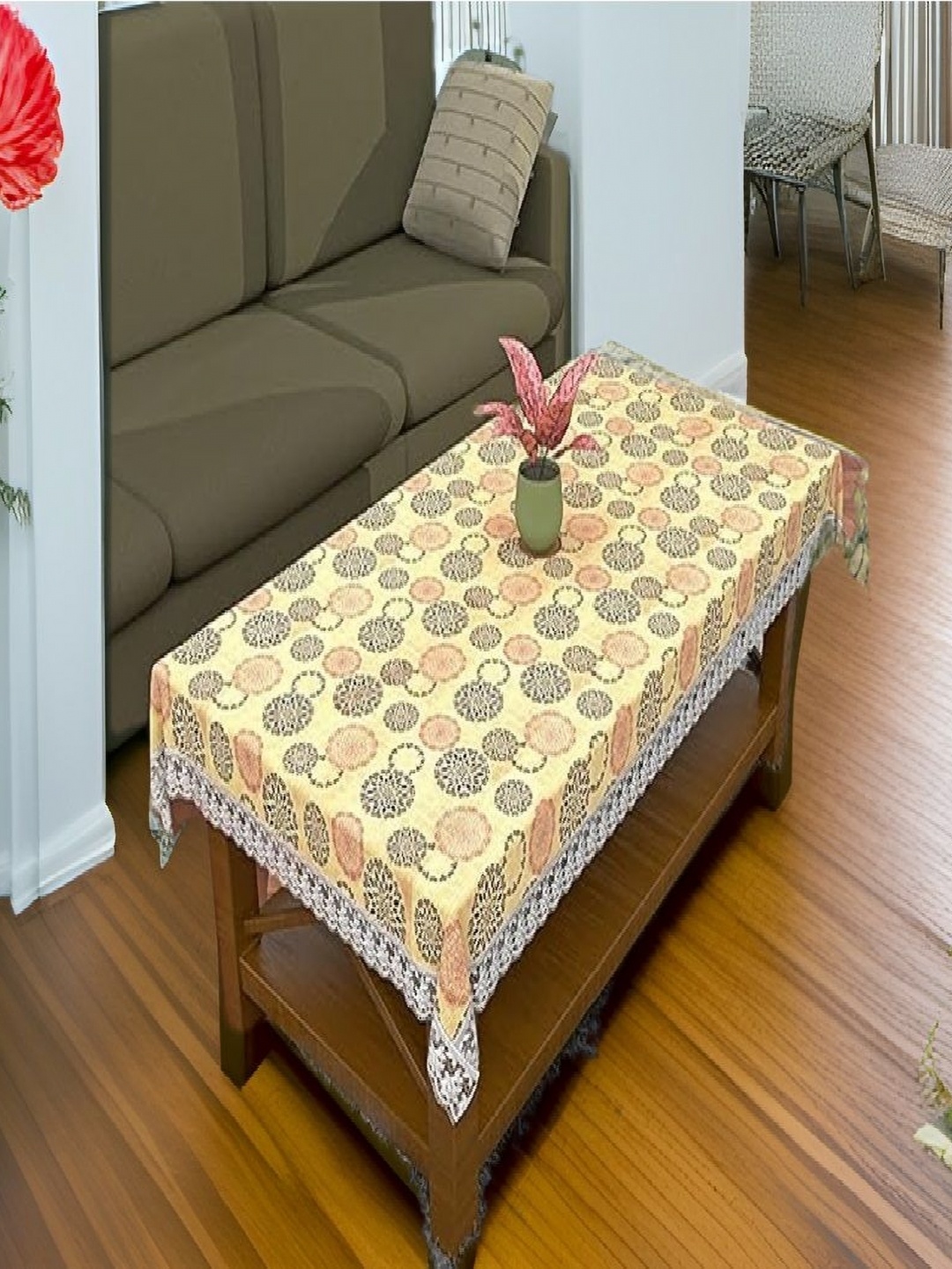 

REVEXO Beige & Brown Floral Printed 4-Seate Table Cover