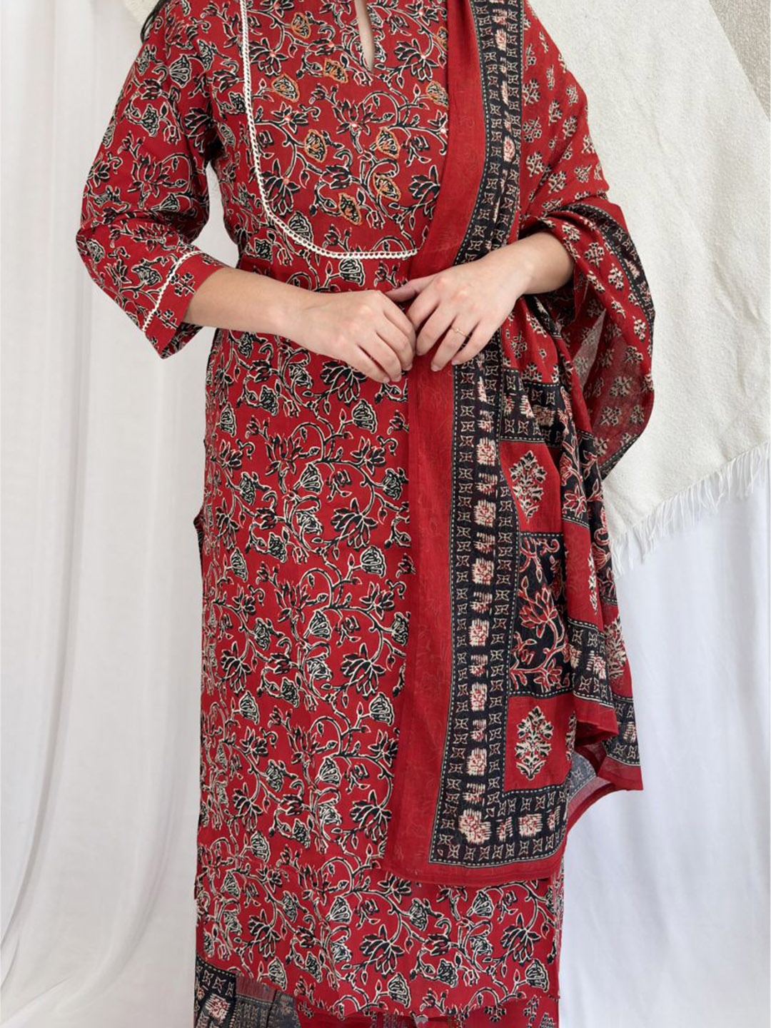 

Ruha Floral Printed Beads Work Pure Cotton Straight Kurta With Trousers & Dupatta, Red