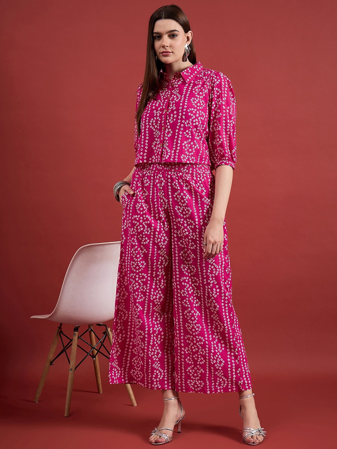 

All About You Bandhani Printed Shirt Collar Top With Palazzo, Pink