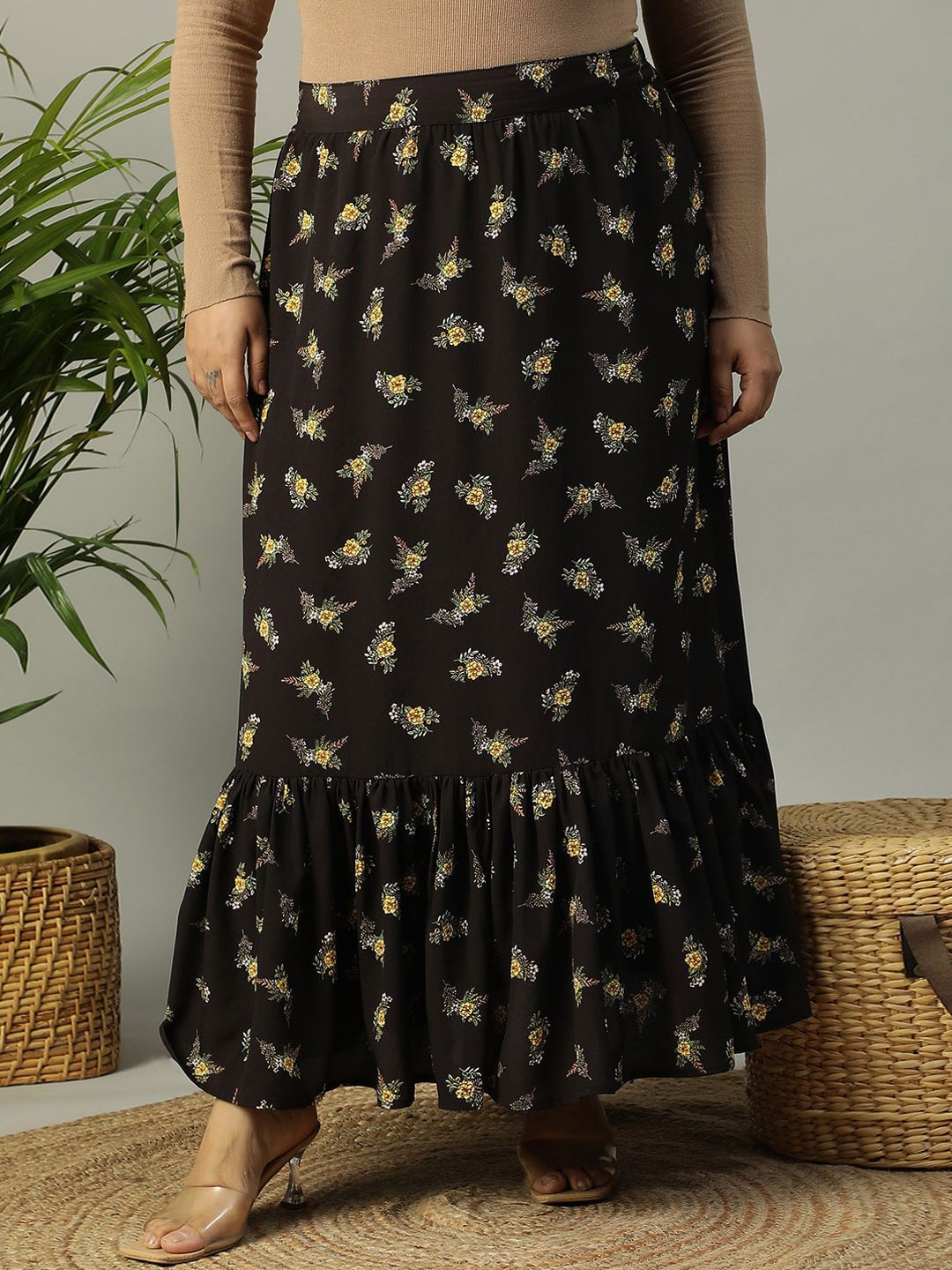 

Oxolloxo Women Plus Size First Floral Printed Elasticated Frill Long Flared Skirt, Black