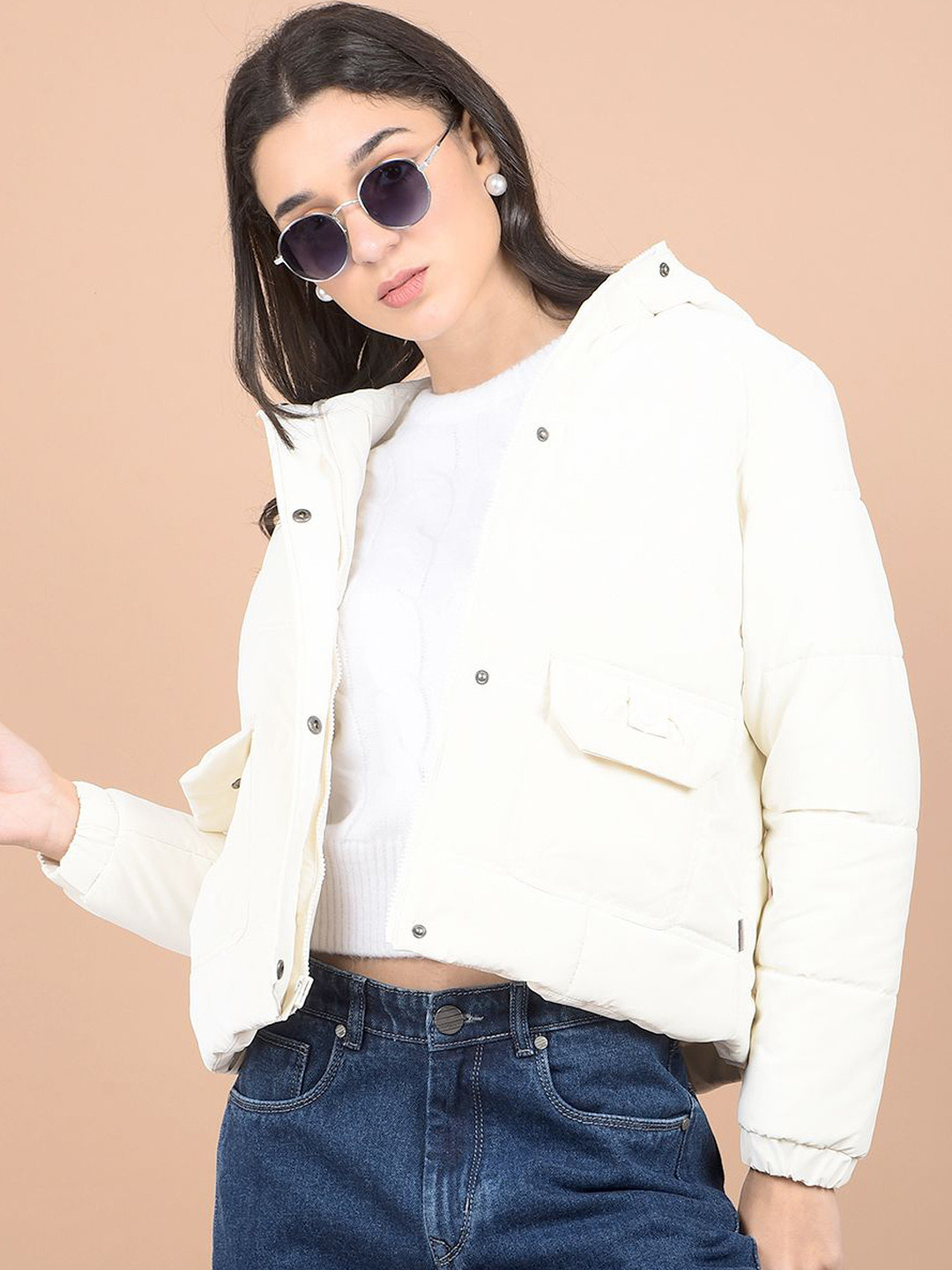 

Crimsoune Club Women Hooded Solid Casual Lightweight Padded Jacket, Off white