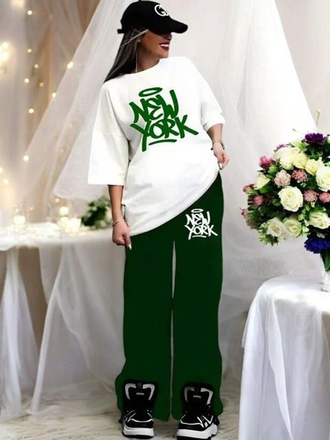 

My Swag Typography Printed Round Neck T-Shirt With Trousers, Green