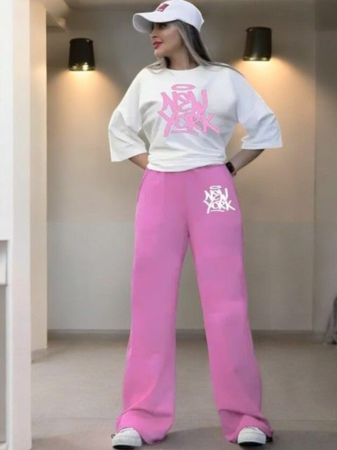 

My Swag Typography Printed Round Neck T-Shirt With Trousers, Pink