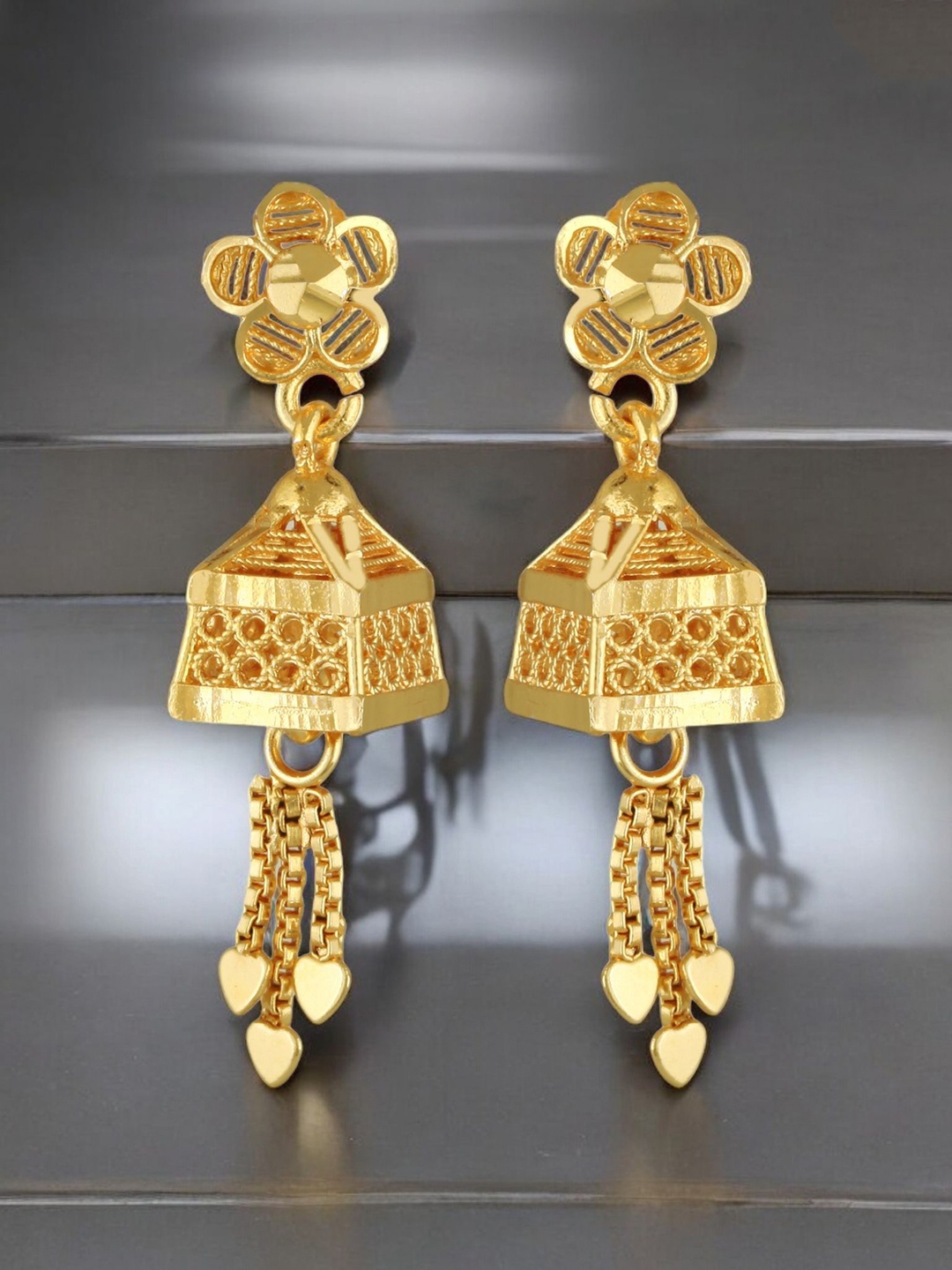

Vighnaharta Twinkling Bejeweled Gold-Plated Dome Shaped Jhumkas