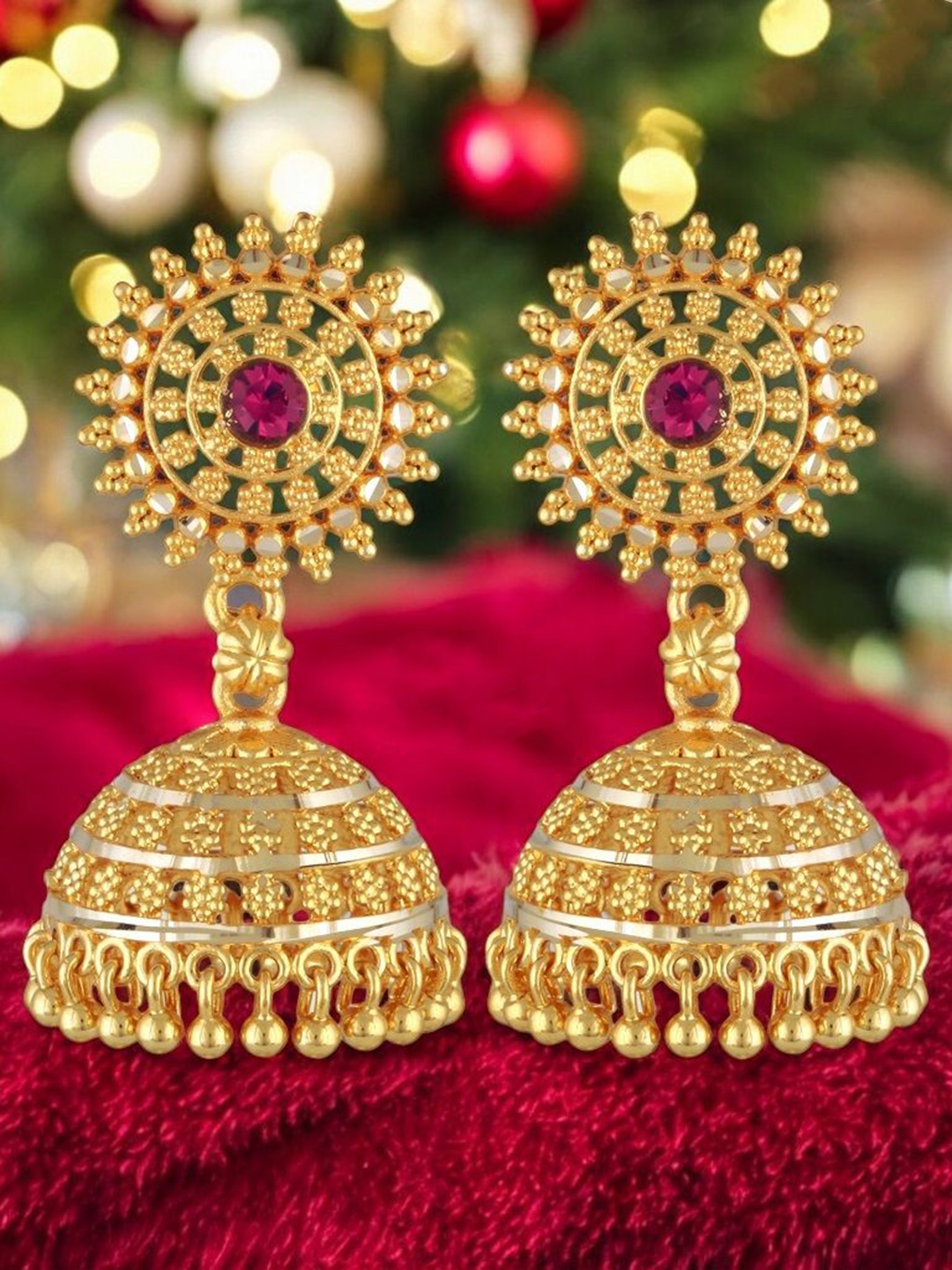 

Vighnaharta Gold-Plated Artificial Stones Studded Dome Jhumkas