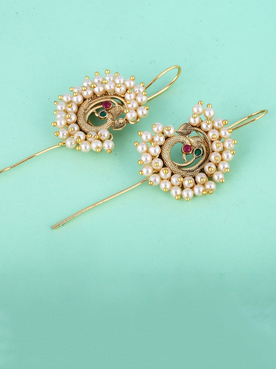 

Vighnaharta Gold-Plated Pearls Beaded Peacock Ear Cuff Earrings