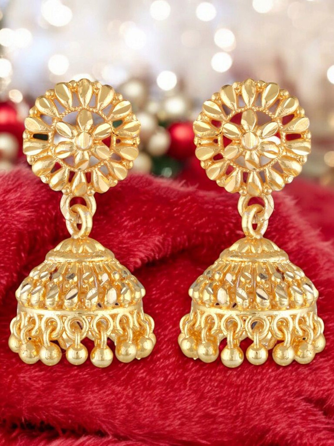 

Vighnaharta Gold-Plated Shimmering Artificial Beaded Dome Shaped Jhumkas