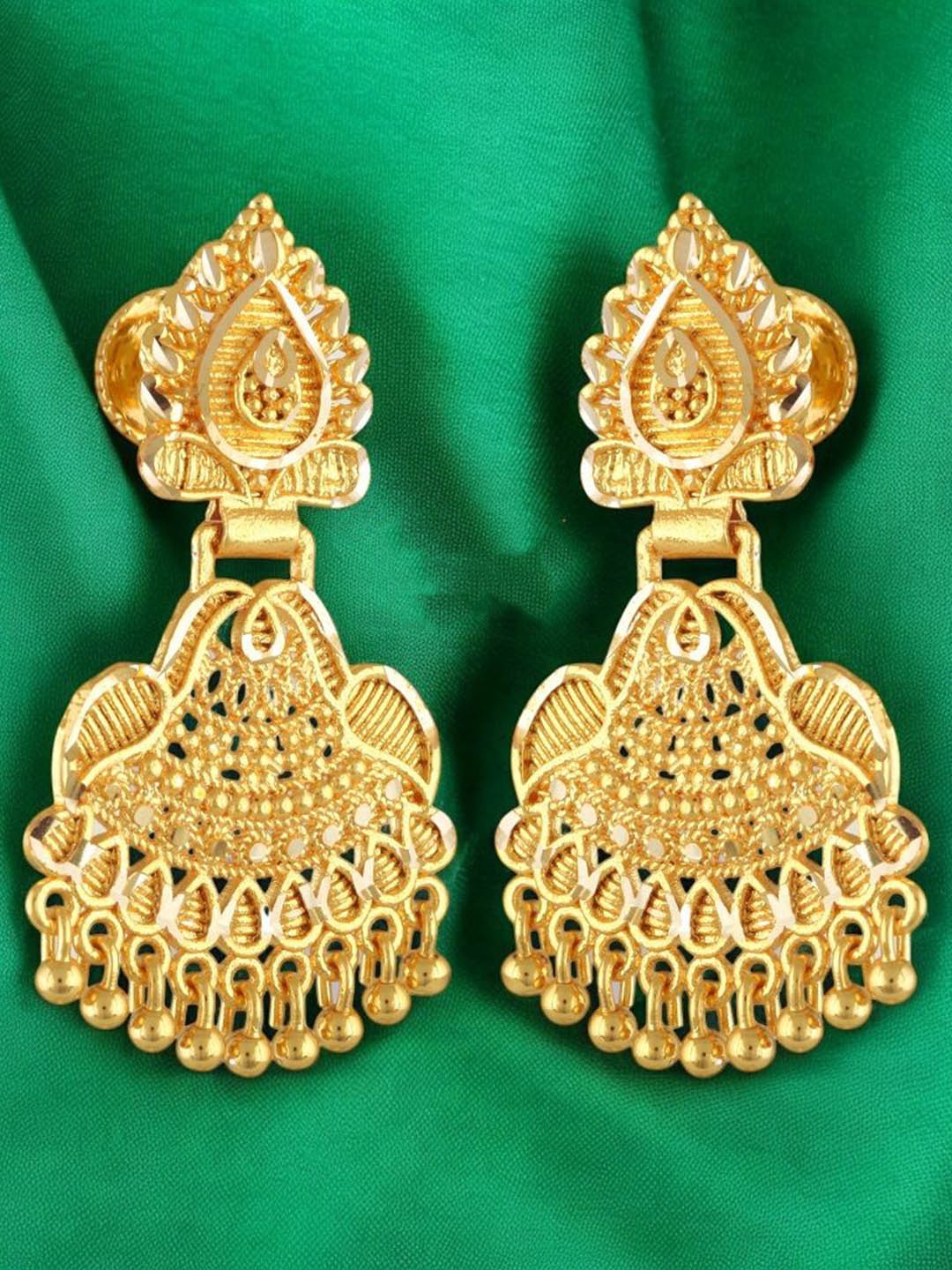 

Vighnaharta Gold-Plated Sizzling Artificial Beaded Teardrop Shaped Drop Earrings