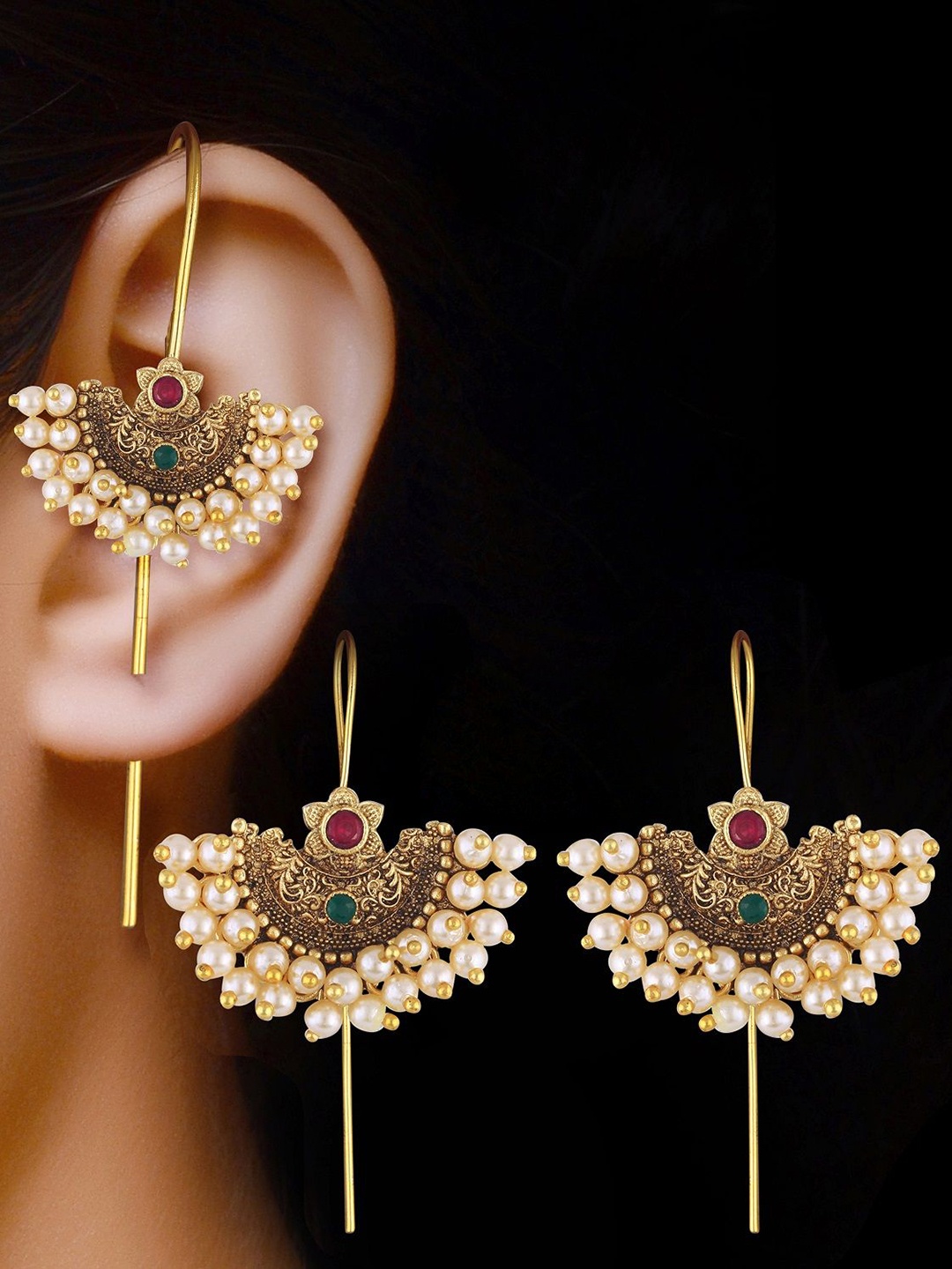 

Vighnaharta Elite Charming Gold-Plated Pearls Beaded Contemporary Shaped Ear Cuff