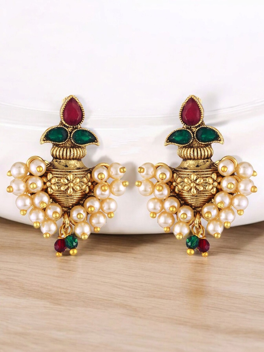 

Vighnaharta Gold-Plated Bejeweled Pearls Beaded Contemporary Drop Earrings