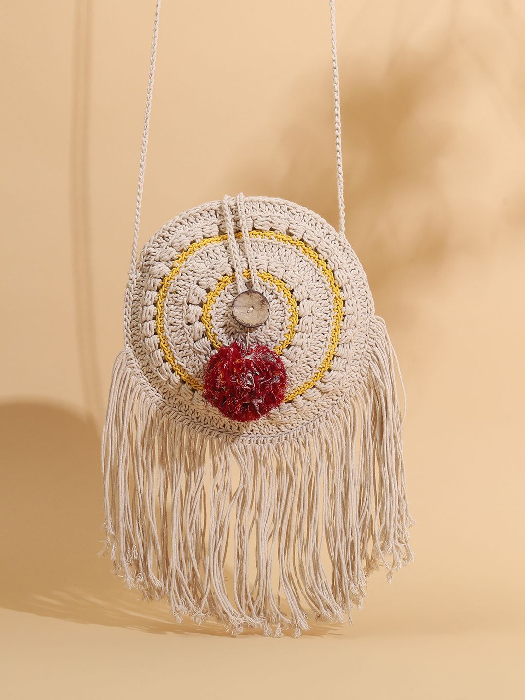 

ITIHASIKALA Structured Sling Bag with Fringed, Off white