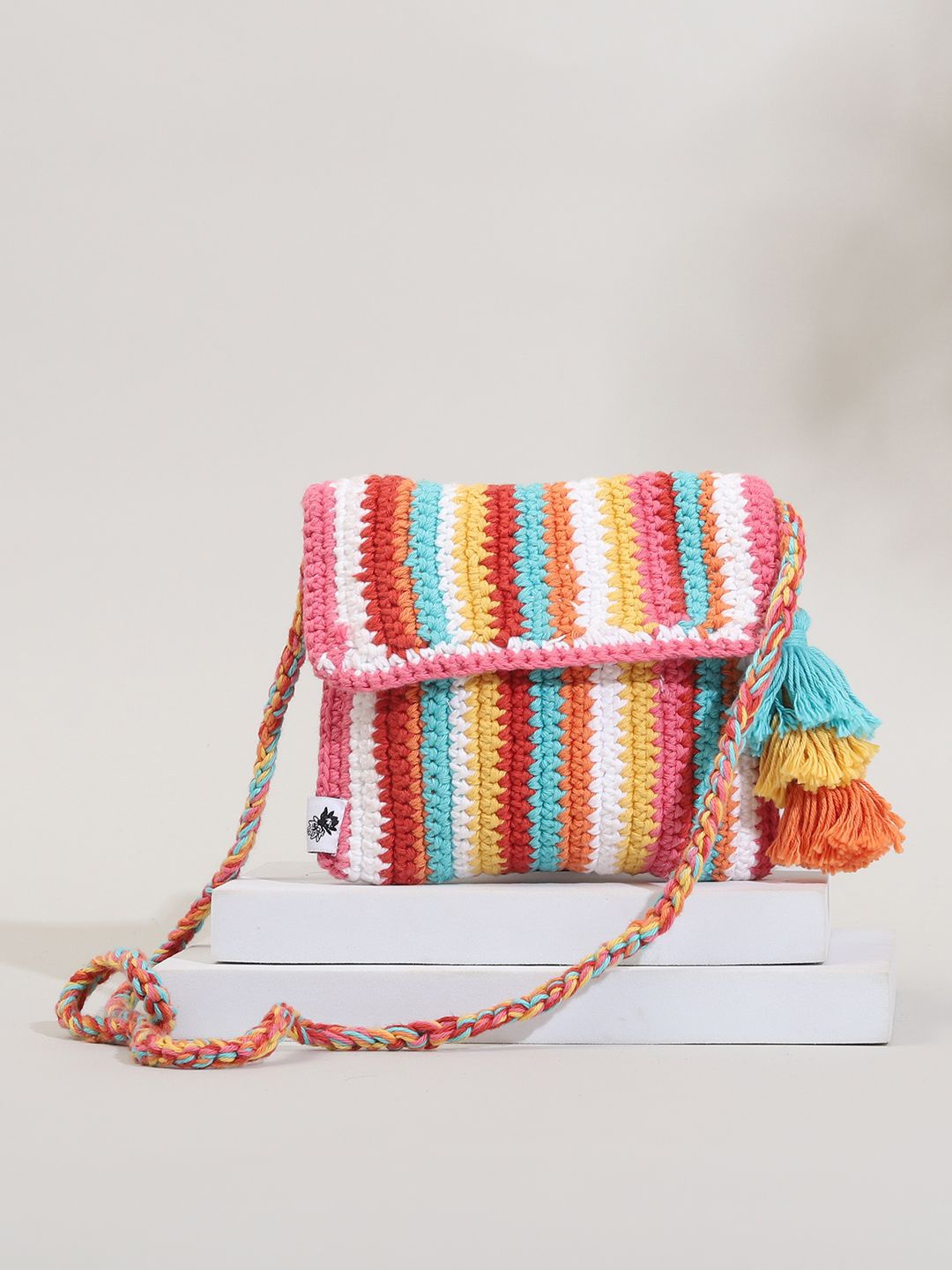 

ITIHASIKALA Striped Structured Sling Bag with Fringed, White